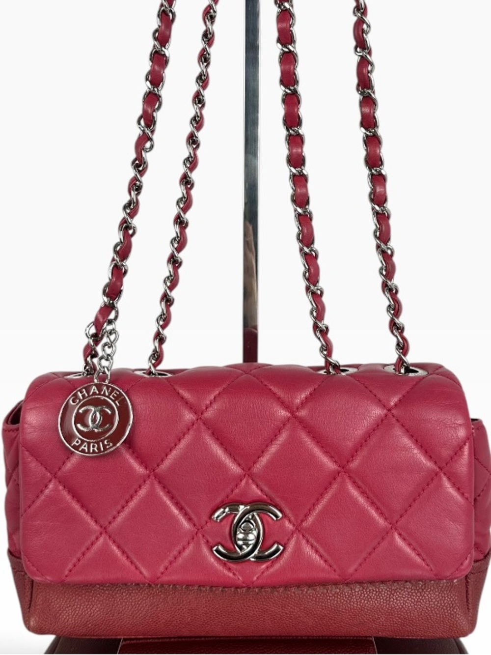 Chanel Red Quilted Calfskin Caviar Leather Flap Shoulder Bag Silver CC Charm